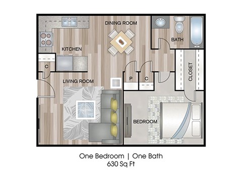 Floor plan for 1 bed, 1 bath, 630 sqft